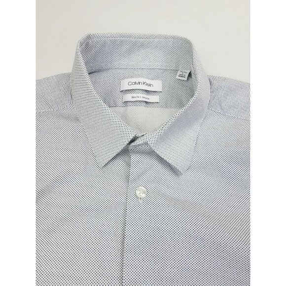 Calvin Klein Slim Fit Stretch Sz Large 16-16.5 34/35 Mens White Black Polka Dot - Picture 1 of 10